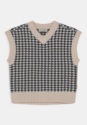 Sømløs sweater med V-udskæring, prydet med et sort-hvidt hundetandmønster og beige ribbede kanter. Lavet af strikket stof.