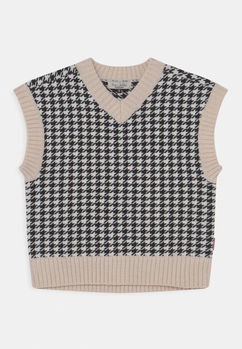 Pull sans manches avec un décolleté en V, présentant un motif pied-de-poule noir et blanc et des bords côtelés beiges. Fabriqué en tissu tricoté.