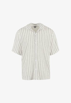 Kurzärmliges, knöpfbares Hemd aus strukturiertem weißem Stoff mit schwarzen vertikalen Streifen und einem schmalen Kragen. Verfügt über vordere Knöpfe.