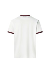 Biela krátka tričko s krátkymi rukávmi a okrúhlym výstrihom s marhuľovými detailmi na rukávoch. Vyrobené z bavlny, má jemnú textúru.