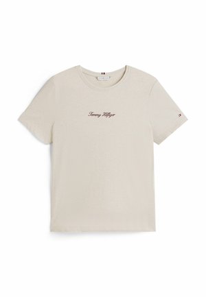 Beige Kurzarm-T-Shirt aus Baumwollmischung, mit Rundhalsausschnitt und gesticktem "Tommy Hilfiger"-Logo in Dunkelbraun auf der Vorderseite.