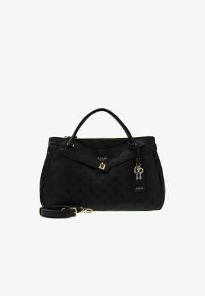 Sac à main noir Guess avec motif logo embossé, poignée supérieure, bandoulière amovible, ferrures dorées et breloque clé décorative sur fond blanc.