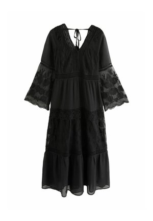Zwarte midi-jurk met V-halsstrik, kantinzetstukken en wijde mouwen met bloemmotieven in kant en geschulpte randen.