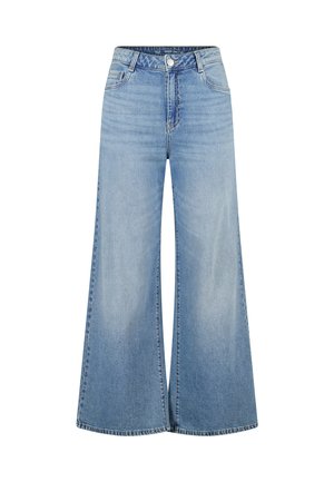 Jeans en denim à jambes larges de couleur bleu clair. Le tissu présente une texture douce avec une taille haute et des détails de coutures visibles le long des coutures.
