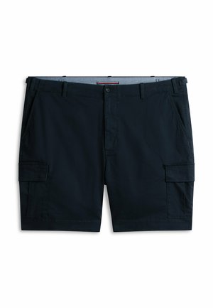 Marineblå cargo-shorts med frontknap og lynlås, bæltestropper, sidelommer og klaplommer på begge ben, lagt fladt på hvid baggrund.