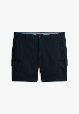Pantalones cortos cargo azul marino con botón y cremallera delanteros, trabillas para cinturón, bolsillos laterales y bolsillos con solapa en ambas piernas, colocados planos sobre un fondo blanco.