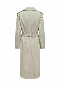 Beige trenchcoat met een ceintuur in de taille, lange mouwen en een klassieke kraag, voorzien van een gladde stof en een middellange snit.