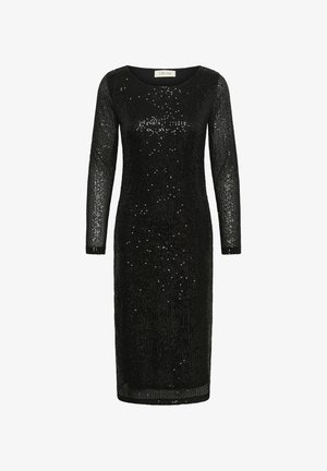 Schwarzes Pailletten-Kleid mit langen Ärmeln, rundem Halsausschnitt und figurbetonter Silhouette; verfügt über ein strukturiertes Muster mit variierenden Perlenplatzierungen.