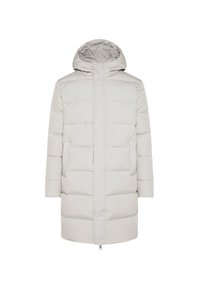 Light grey puffer coat with a hood, featuring a straight cut, quilted design, two front pockets, and a front zipper closure.