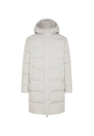 Light grey puffer coat with a hood, featuring a straight cut, quilted design, two front pockets, and a front zipper closure.
