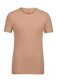 Men's slim-fit short-sleeve t-shirt in solid beige, crew neckline, made from cotton and elastane blend, size small.