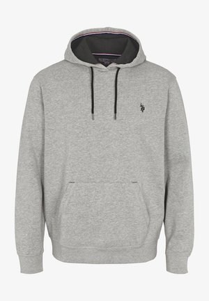 Siv hoodie iz bombažne mešanice, ki ima sprednji žep, črne vrvice in majhen logo polo na prsih.