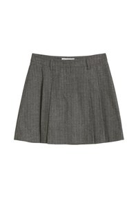 Grijze geplooide rok van een gewoven stof met verticale banen. Beschikt over een eenvoudige tailleband en twee voorriemlussen.