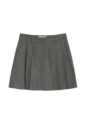Szara plisowana spódnica wykonana z teksturowanej tkaniny z pionowymi prążkami. Posiada gładki pas w talii oraz dwie przednie szlufki na pasek.