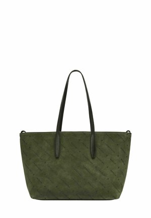 Grüne Wildleder-Tasche mit schwarzen Ledergriffen. Sie verfügt über ein dezentes Muster und ein strukturiertes Design, das einen geräumigen Innenraum bietet.