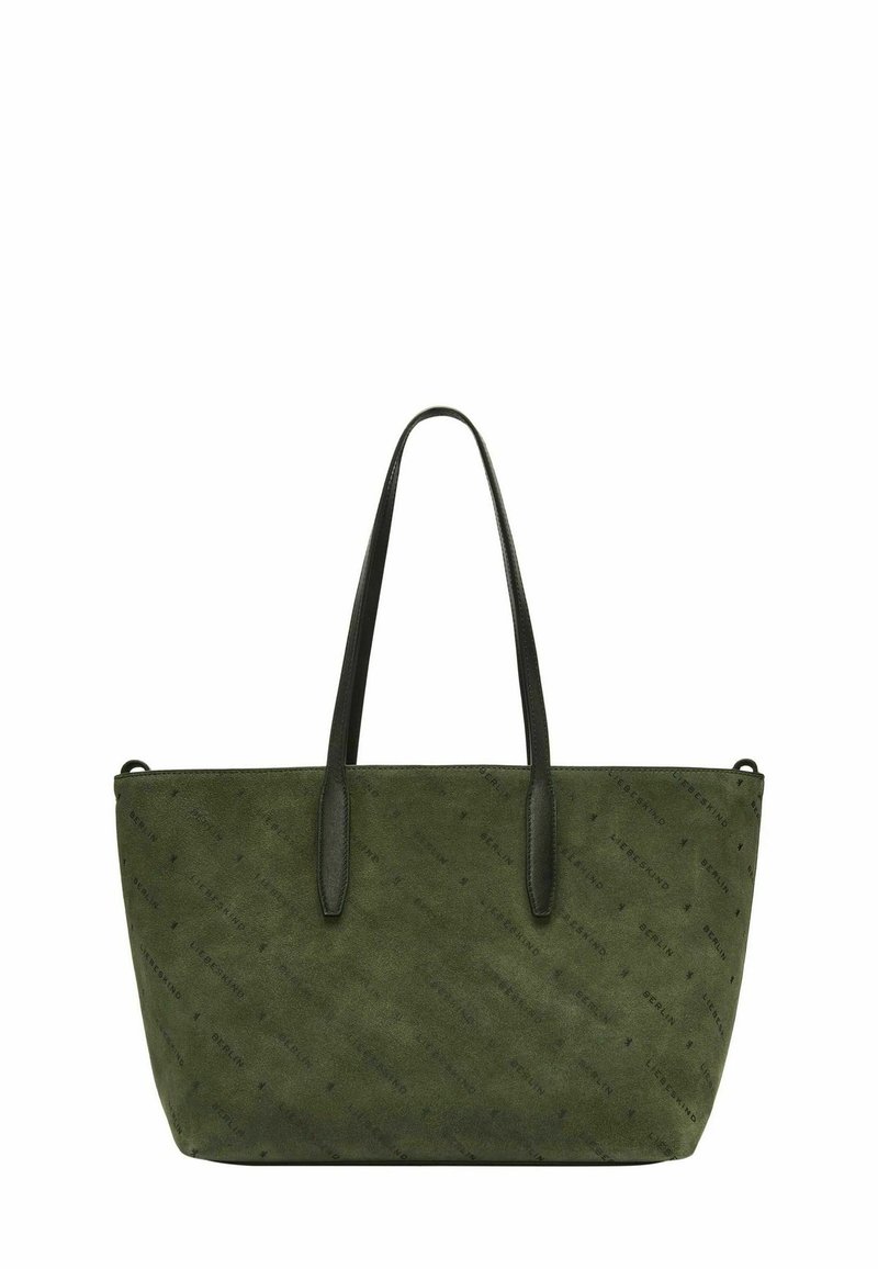 Zielona zamszowa torba na ramię z czarnymi skórzanymi uchwytami. Posiada subtelny wzór oraz strukturalny kształt, oferując przestronną wersję wnętrza.