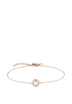 Delicate rose gold chain bracelet with a faceted square clear gemstone centerpiece and a lobster clasp closure with adjustable links.