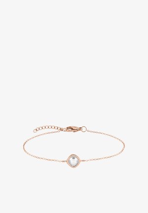 Delicate armband van roségoud met een gefacetteerde vierkante heldere edelsteen in het midden en een sluiting met schuifveer en verstelbare schakels.