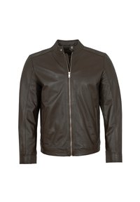 Braune Lederjacke mit Stehkragen, durchgehendem Reißverschluss und eng anliegenden Ärmeln. Glatte Textur, minimale Nähte und keine sichtbaren Taschen.