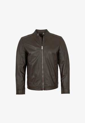 Braune Lederjacke mit Stehkragen, durchgehendem Reißverschluss und eng anliegenden Ärmeln. Glatte Textur, minimale Nähte und keine sichtbaren Taschen.