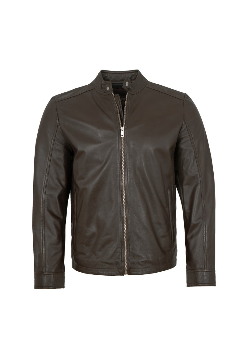 Braune Lederjacke mit Stehkragen, durchgehendem Reißverschluss und eng anliegenden Ärmeln. Glatte Textur, minimale Nähte und keine sichtbaren Taschen.