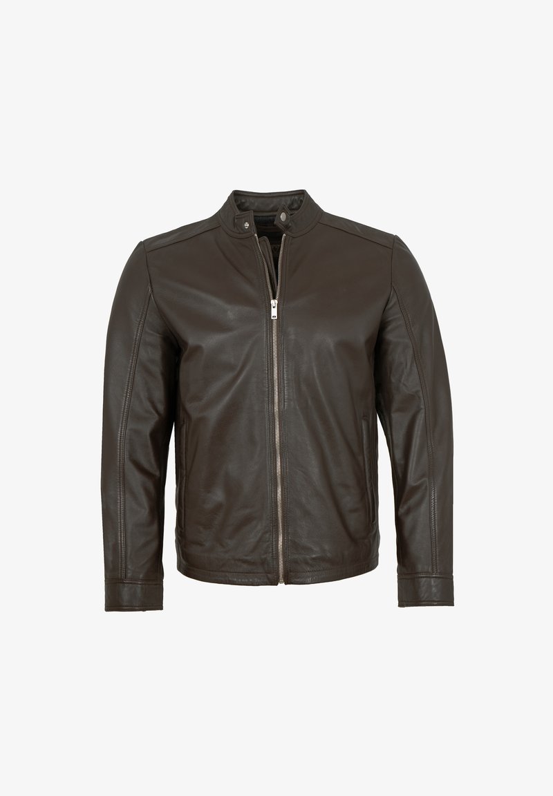 Braune Lederjacke mit Stehkragen, durchgehendem Reißverschluss und eng anliegenden Ärmeln. Glatte Textur, minimale Nähte und keine sichtbaren Taschen.