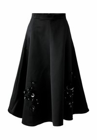 Jupe midi noire en A avec de subtils ornements de sequins floraux près de l'ourlet, dotée d'une taille cintrée et d'une fermeture zippée au dos.