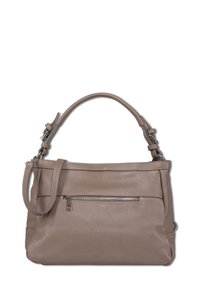 Sac à main en cuir gris avec une finition texturée, comprenant un compartiment principal, une poche zippée externe et une bandoulière amovible.