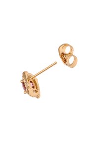 Guldtonad studspering med en rosa ädelsten i mitten, omgiven av små metalliska detaljer, med en rak stift och fjäderbackslås.