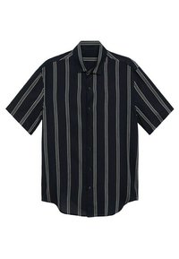 Chemise noire à manches courtes avec boutons, fines rayures blanches verticales et col classique.