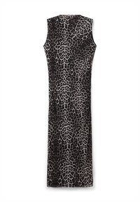 Abito senza maniche con stampa leopardata in tonalità marrone scuro e beige, caratterizzato da una silhouette dritta e una texture di tessuto liscia.