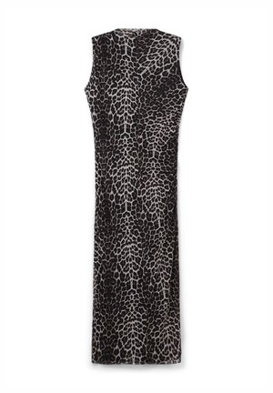 Robe sans manches à imprimé léopard dans des tons marron foncé et beige, présentant une silhouette droite et une texture de tissu lisse.