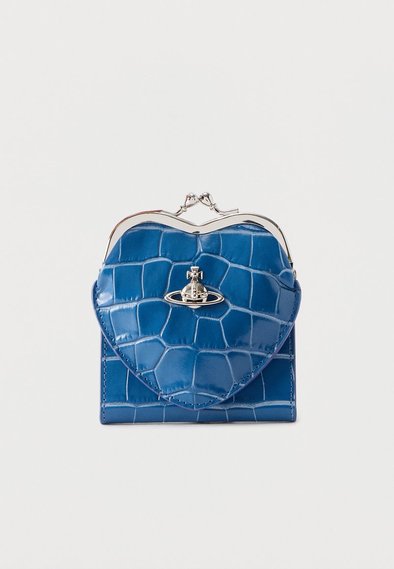 Blue crocodile-textured leather coin purse with silver clasp and a silver planet-shaped emblem centered on a heart-shaped flap.