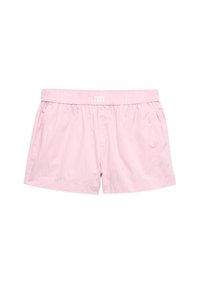Shorts en coton rose clair avec une ceinture élastique, des poches latérales et des rayures verticales subtiles. Design simple, non doublé.