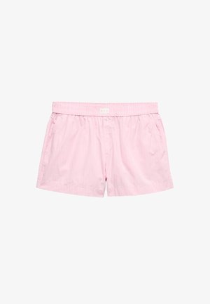 Shorts en coton rose clair avec une ceinture élastique, des poches latérales et des rayures verticales subtiles. Design simple, non doublé.