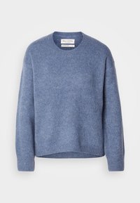 Niebieski sweter dzianinowy z okrągłym dekoltem, długimi rękawami i ściągaczami. Miękka faktura, casualowy design, lekko skrócony krój.