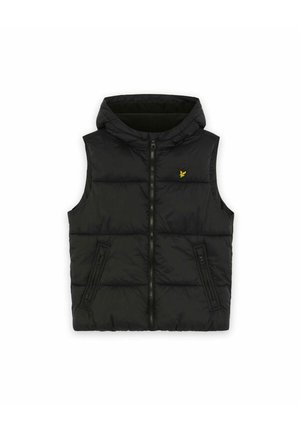 Zwart gewatteerd mouwloos vest met kap, ritssluiting aan de voorkant, ritssluitingen aan de zijzakken en een klein geel vogel logo op de borst.