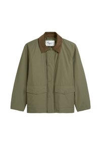 Zielona oliwkowa kurtka z brązowym kołnierzem z sztruksu, zatrzaskami i dwoma przednimi kieszeniami. Wykonana z gładkiego, trwałego materiału.