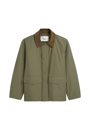 Alyvuogių žalia striukė su rudu kordurojo apykakliu, spaudžiamais užsegimais ir dviem priekinių kišenių. Pagaminta iš lygios, tvirtos medžiagos.