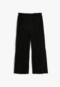 Pantalon large plissé noir avec une taille élastique, présentant des rayures verticales et une texture lisse. Ourlet fini de manière uniforme.