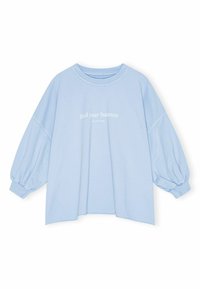 Lichtblauwe sweatshirt van zachte katoen, met een brede halslijn, ballonmouwen en de tekst "find your balance" in een contrasterend lettertype.