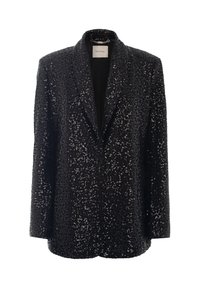 Blazer nero coperto di paillettes, con rever a punta e chiusura a un bottone. Texture liscia con una silhouette moderna e sagomata.