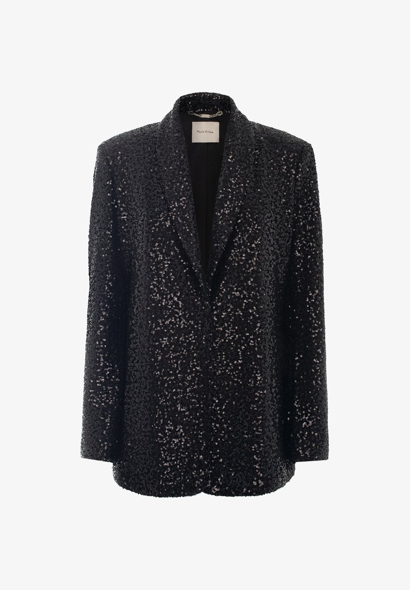 Blazer nero coperto di paillettes, con rever a punta e chiusura a un bottone. Texture liscia con una silhouette moderna e sagomata.