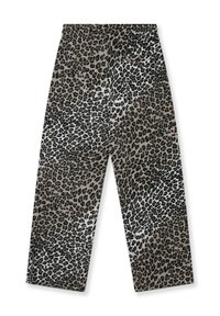 Pantalones de estampado de leopardo con un diseño de pierna ancha, presentando una mezcla de manchas negras y marrones sobre un fondo beige claro. Cintura elástica.