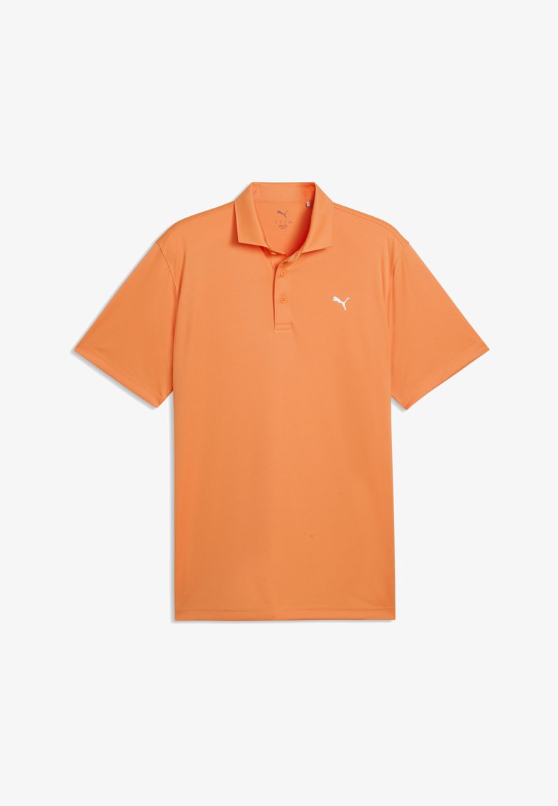 Πορτοκαλί πόλο μπλουζάκι από λεία ύφασμα με κλασικό γιακά, τρία κουμπιά και λευκό λογότυπο Puma στο αριστερό στήθος. Κοντά μανίκια.