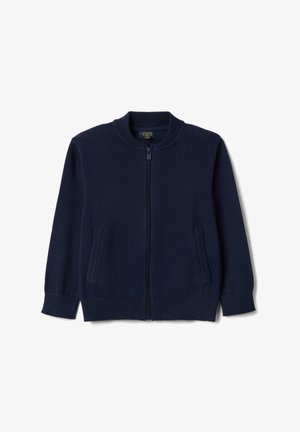 Marineblauer Kapuzenpullover für Kinder mit Reißverschluss, geripptem Kragen, Bündchen, Saum und zwei Vordertaschen auf weißem Hintergrund.