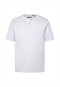 T-shirt bianco a maniche corte in cotone, con scollo rotondo, patta con tre bottoni e un sottile logo "M" sul petto.