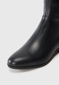 Primer plano de una bota de cuero negro suave con puntera puntiaguda y tacón bajo sobre un fondo claro.