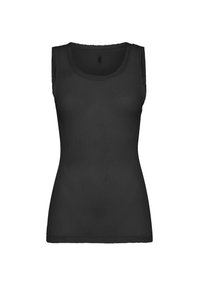 Czarny bezrękawnik, prążkowana faktura, okrągły dekolt, dopasowany krój, z lekko strzępiącymi się krawędziami przy dekolcie i na dole.