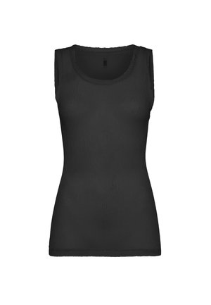 Maiou negru fără mâneci, textură striată, decolteu rotund, croială mulată, cu margini ușor ciufulite la decolteu și tiv.